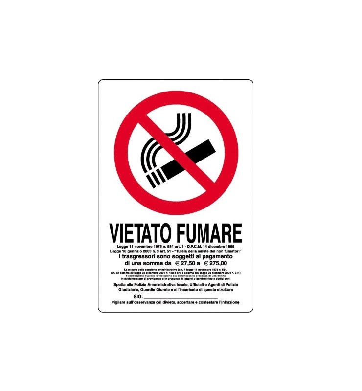 Cartelli-Vietato fumare-cm.30X20 in plastica c/indicazioni legge