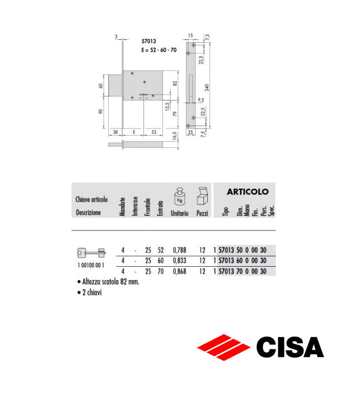 misure serratura cisa 57013